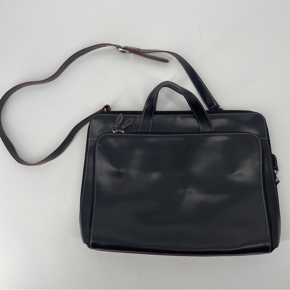 Lodis Laptop Bag Black Leather Red Trim Shoulder Strap Briefcase Career Pockets
